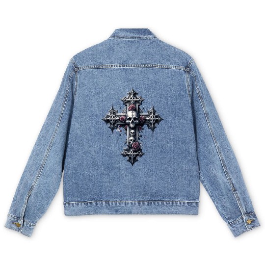 Gothic Cross Collection - Skulls and Red Roses Men's Denim Jackets