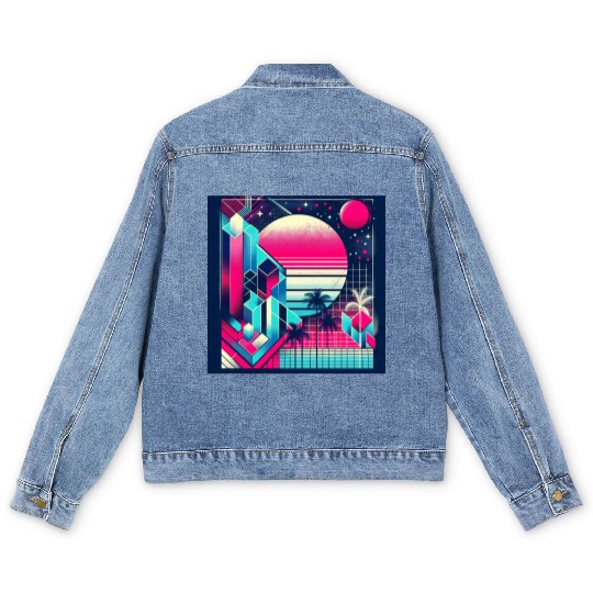 "Retro Neon Cityscape: Geometric Risograph Design" Men's Denim Jackets