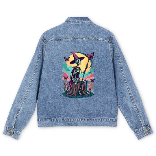 Tarot Card Magical Skeleton Death and Plants Men's Denim Jackets