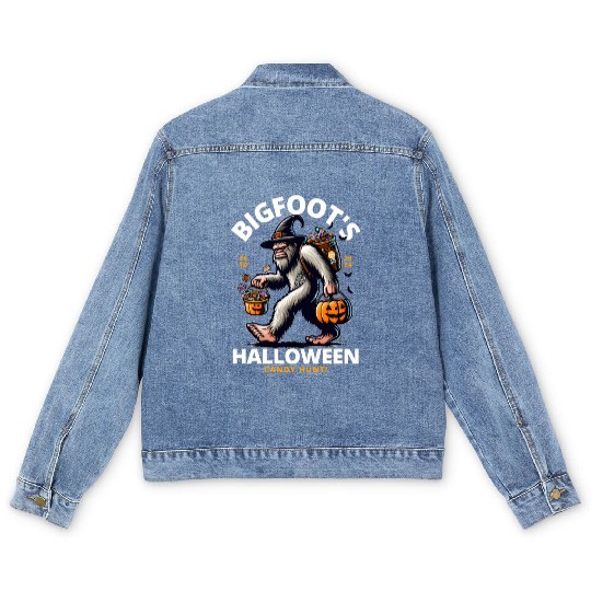 Bigfoot halloween candy hunt Men's Denim Jackets