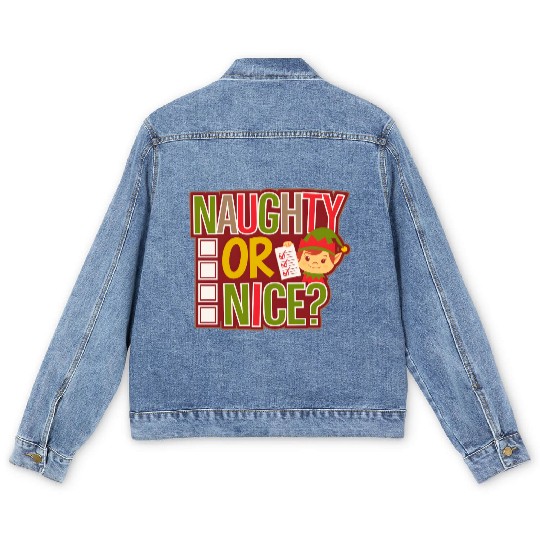Playful Elf Naughty or Nice Holiday Fun Men's Denim Jackets