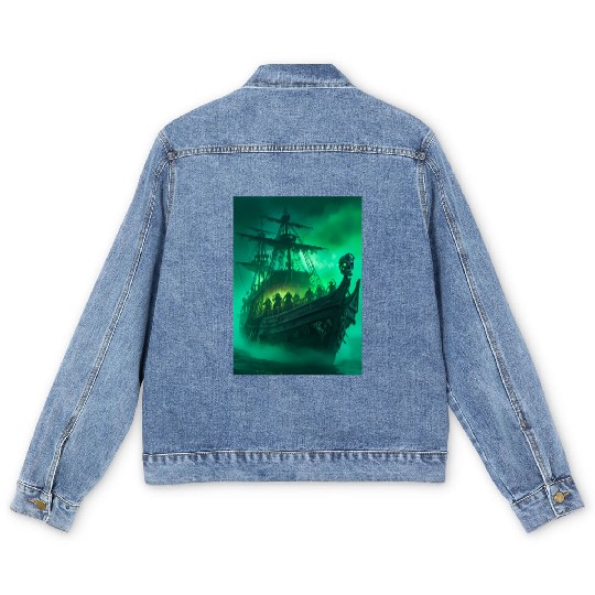 Ghost Ship Men's Denim Jackets - Haunting Pirate Ship in Fog