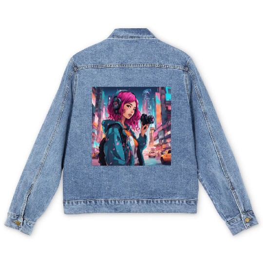 Cyberpunk Pink-Haired Girl - Neon Dreams Men's Denim Jackets