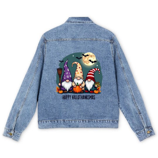 Happy Hallothanksmas Gnomes Celebration with Bats Men's Denim Jackets