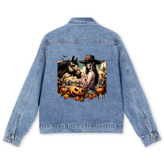 Haunting Cowgirl and Horse in Halloween Graveyard Men's Denim Jackets