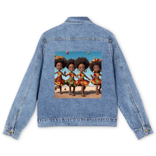 Animated African kids dancing Men's Denim Jackets