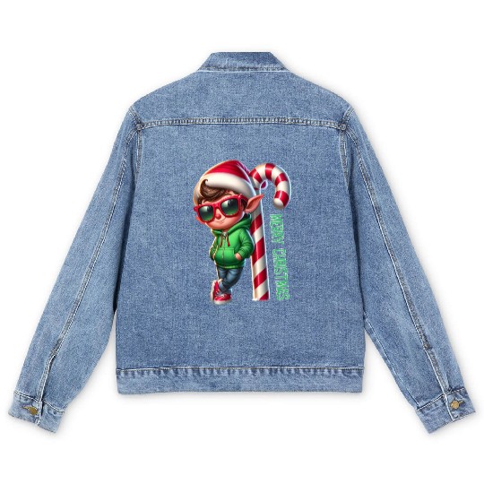 Merry Christmas Cool Elf with Candy Cane Vibes Men's Denim Jackets