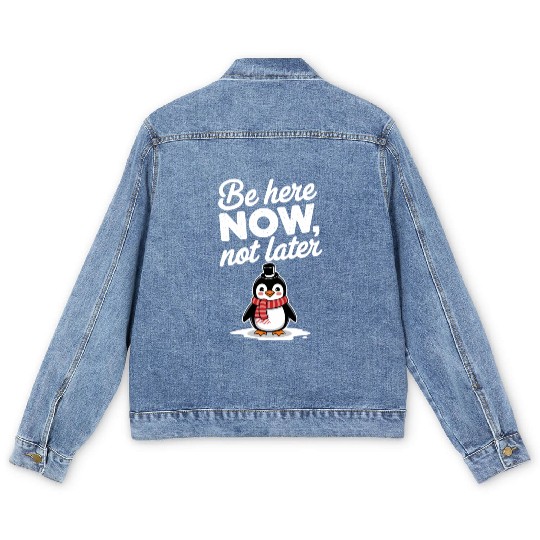 Be Here Now Mindfulness Penguin Message Men's Denim Jackets
