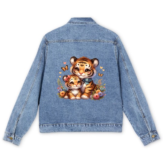 Adorable Tiger Cubs Surrounded by Butterflies and Men's Denim Jackets