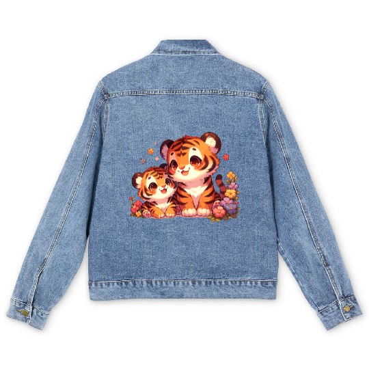 Adorable Tiger Cubs Surrounded By Flowers Men's Denim Jackets