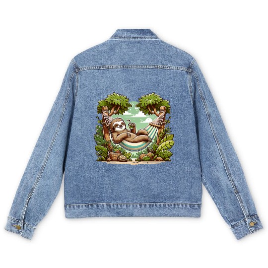 Relaxing Sloth In Hammock Under Palm Trees Men's Denim Jackets