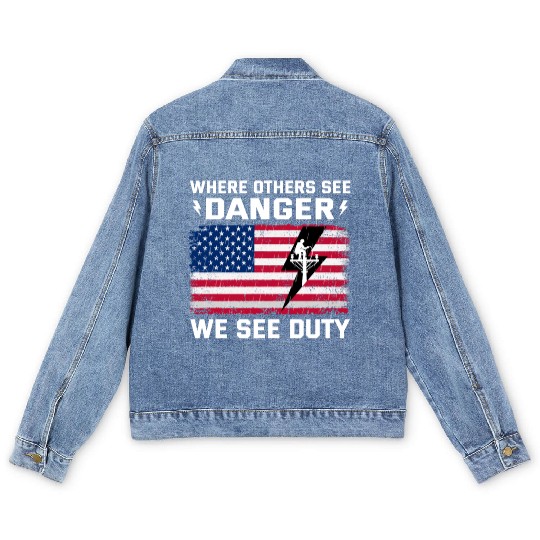 American Flag Lineman Duty Danger Men's Denim Jackets