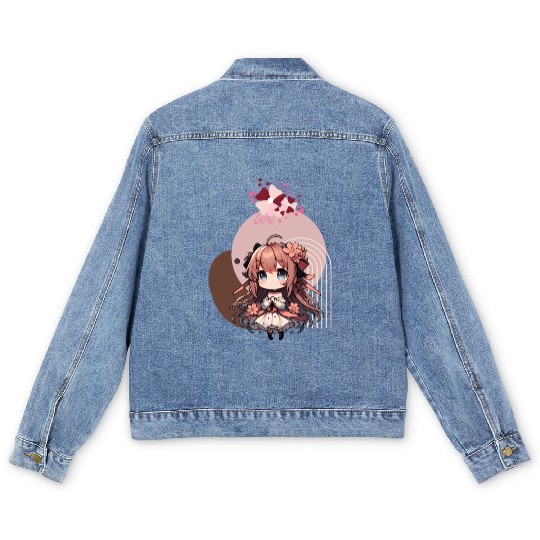 Chibi anime girl with flowers Men's Denim Jackets