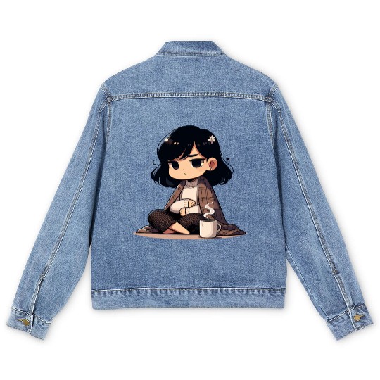 Cozy Anime Character with Coffee Men's Denim Jackets