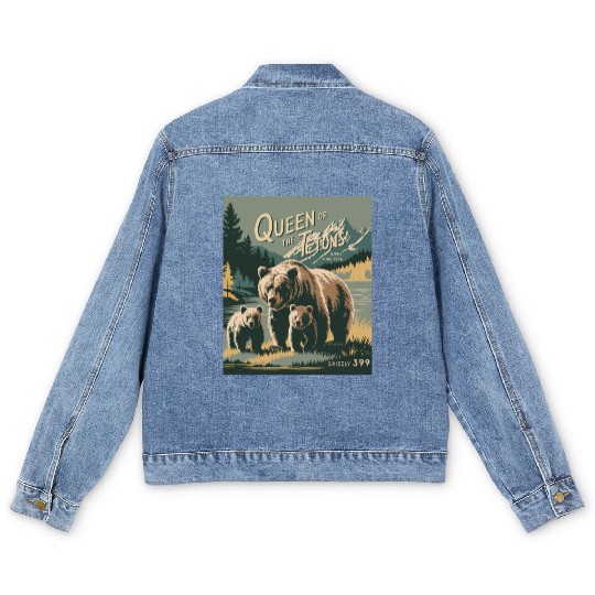 Queen of the Tetons Grizzly 399 Vintage Nature Art Men's Denim Jackets