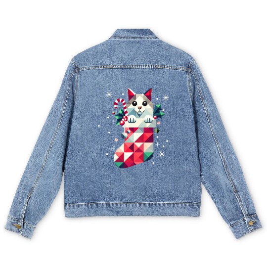 cute cat in a colorful Christmas stocking Men's Denim Jackets