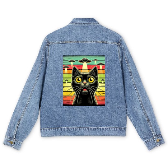 Fun Cat sunset Galaxy Cat Spaceship Alien Cat UFOs Men's Denim Jackets