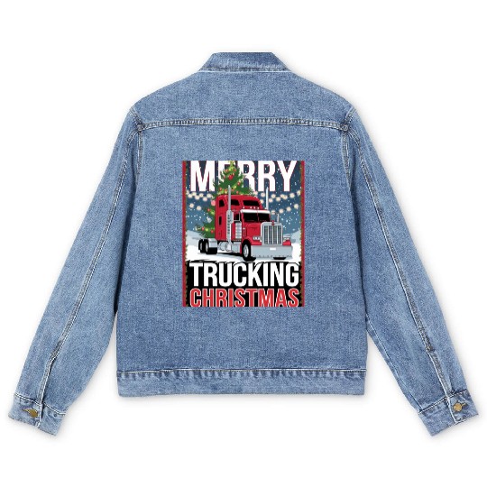 Merry Trucking Christmas Festive Semi-Truck Card Men's Denim Jackets
