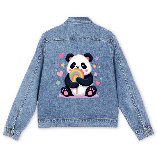 Chubby Panda with Rainbow Lollipop Men's Denim Jackets