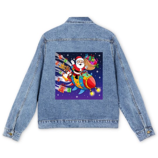 Reindeer with father christmas and spaceship Men's Denim Jackets