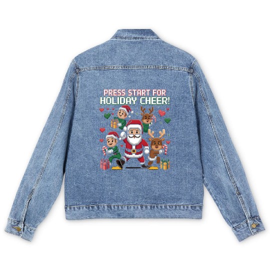 Christmas Typography press start for holiday cheer Men's Denim Jackets