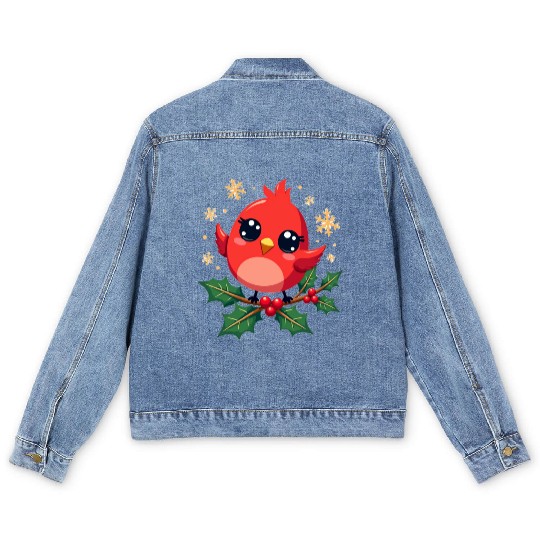 Elegant Christmas Cardinal on Holly Branch Men's Denim Jackets