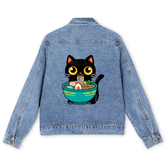 Funny Cat Eating Ramen Japanese Cat Ramen Noodles Men's Denim Jackets