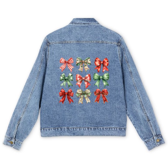 Christmas Coquette Bow, Cute Christmas Men's Denim Jackets