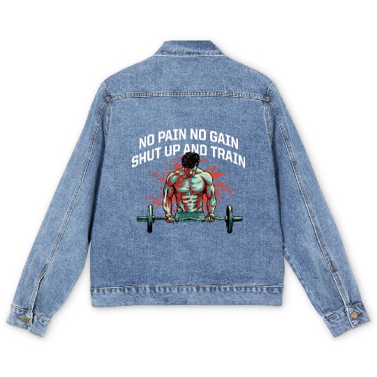 Shut Up and Train Funny Workout Humor Gym Sayings Men's Denim Jackets