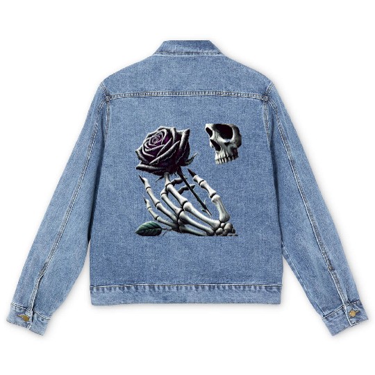 Skeleton Hand Holding a Poisonous Rose Men's Denim Jackets