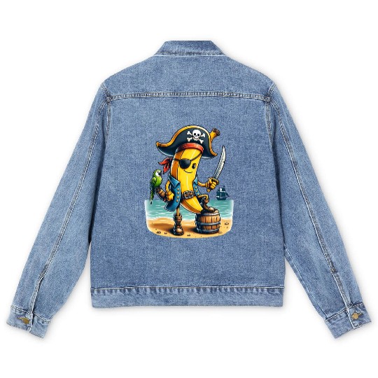 Pirate Banana Adventure Vibe on Tropical Beach Men's Denim Jackets