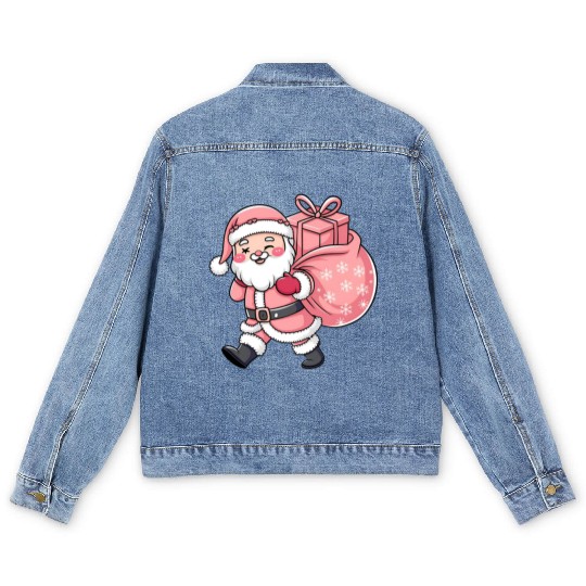 Pink Christmas Santa, Merry Christmas Men's Denim Jackets