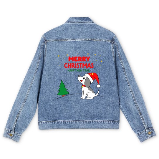 dog5 merry christmas happy new year Men's Denim Jackets