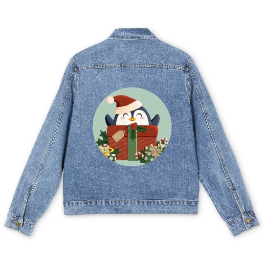 Cute Penguin with Gift and Santa Hat Men's Denim Jackets