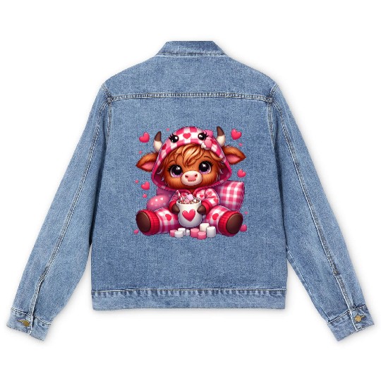 Cute cartoon valentines highland cow Men's Denim Jackets