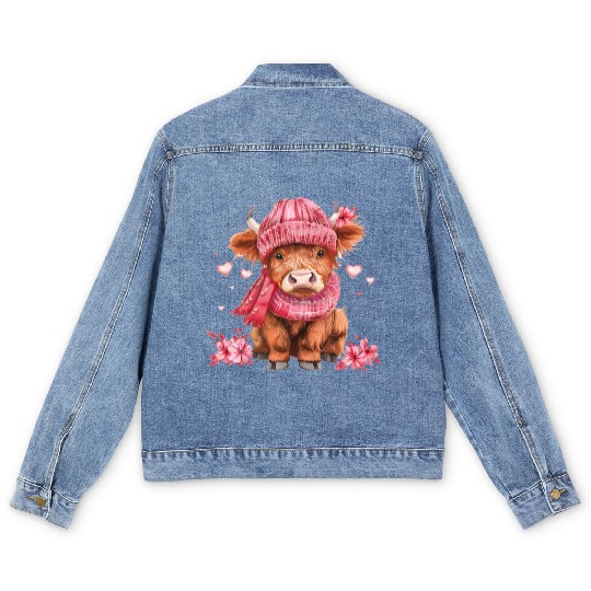 Cute Highland Cow Valentines Day Men's Denim Jackets