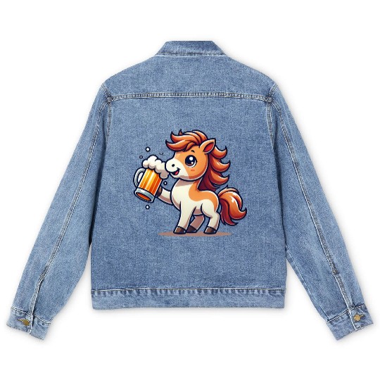 Cute Pony Drinking Beer 3 Men's Denim Jackets