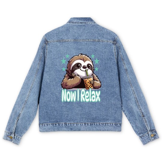 funny quote gift idea bubble tea boba sloth design Men's Denim Jackets
