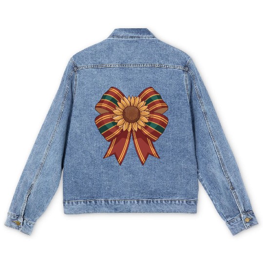 Sunflower on Red and Green Ribbon Bow Men's Denim Jackets