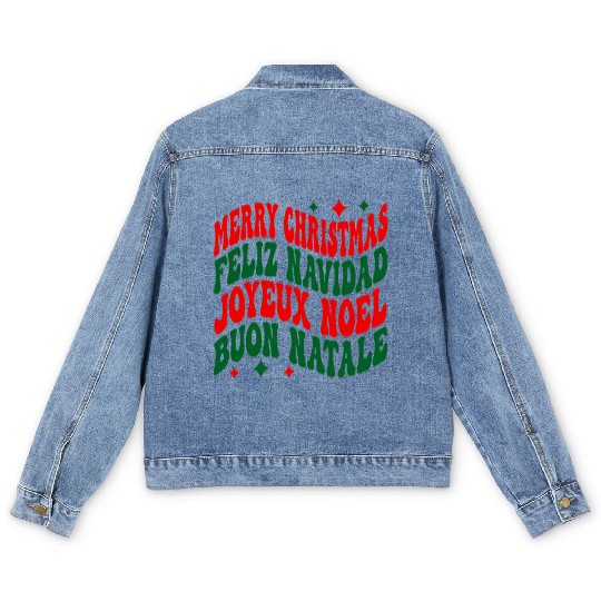 Merry christmas feliz navidad joyeux noel Men's Denim Jackets