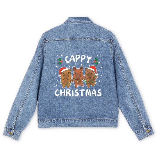 Merry Christmas Cute Capybara Festive Lights Men's Denim Jackets