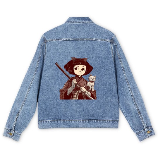 Chibi Samurai Warrior Cat Companion & Blossoms Men's Denim Jackets