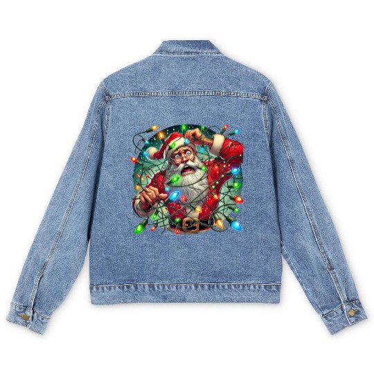 Funny Christmas Santa: Tangled in Lights Men's Denim Jackets