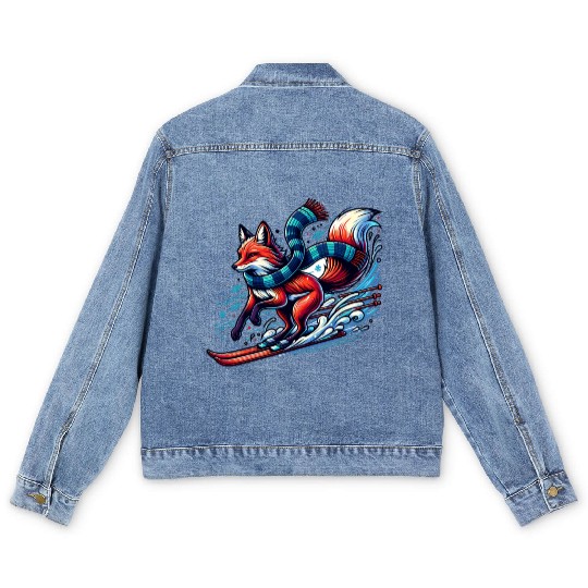 Fox Skiing Adventure in Winter Wonderland Men's Denim Jackets