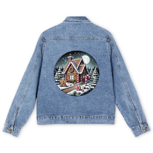 Christmas Gingerbread House with Candy Canes Men's Denim Jackets