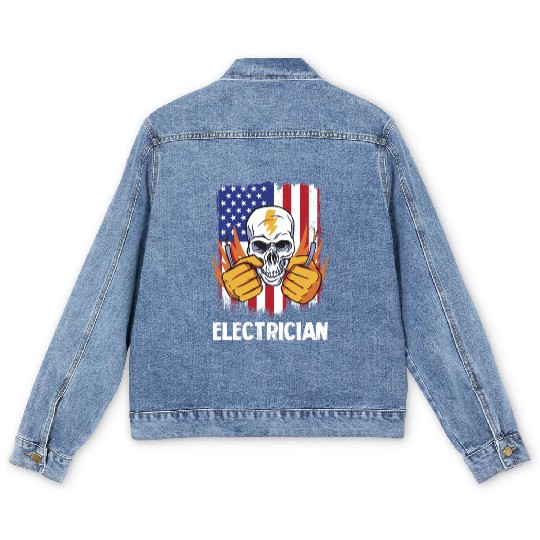Electrician Skull with American Flag Background Men's Denim Jackets