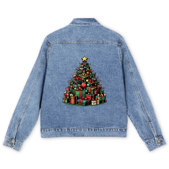 Quirky Christmas Tree of Holiday Presents Men's Denim Jackets