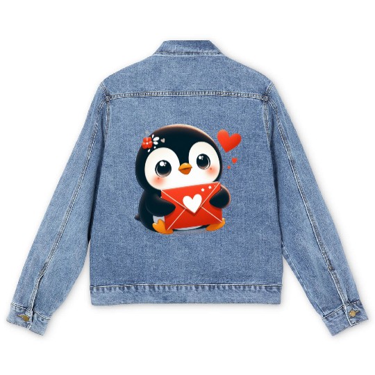Penguin Valentine Mail with Heart Men's Denim Jackets