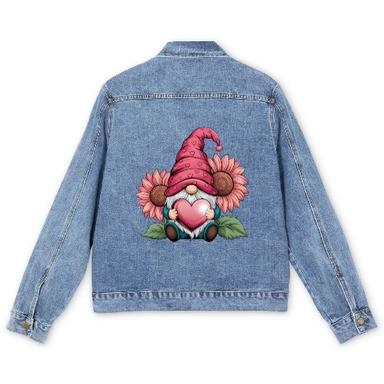 Happy Valentines Gnome with Sunflower Men's Denim Jackets