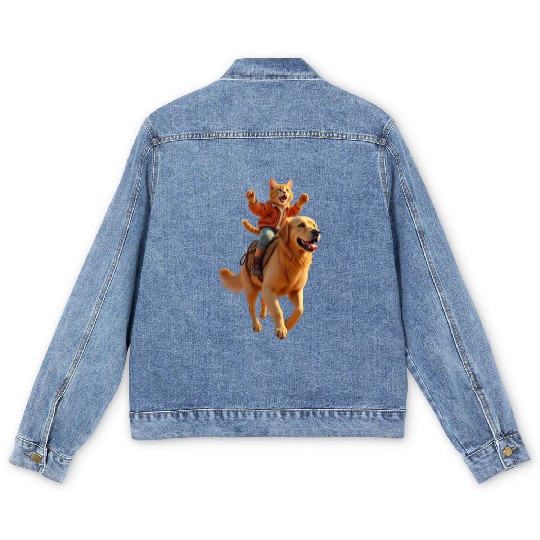 Funny Ginger Cat Riding Golden Retriever/Realistic Men's Denim Jackets